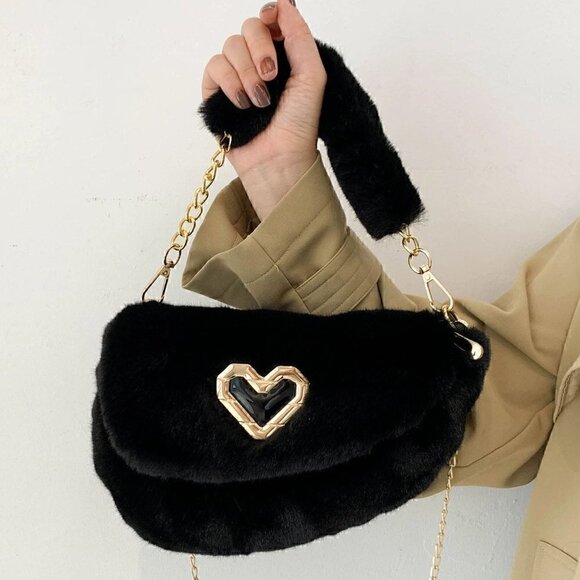 Black Preppy Womens Heart Decor Flap Chain Fuzzy Saddle Bag - Picture 1 of 4